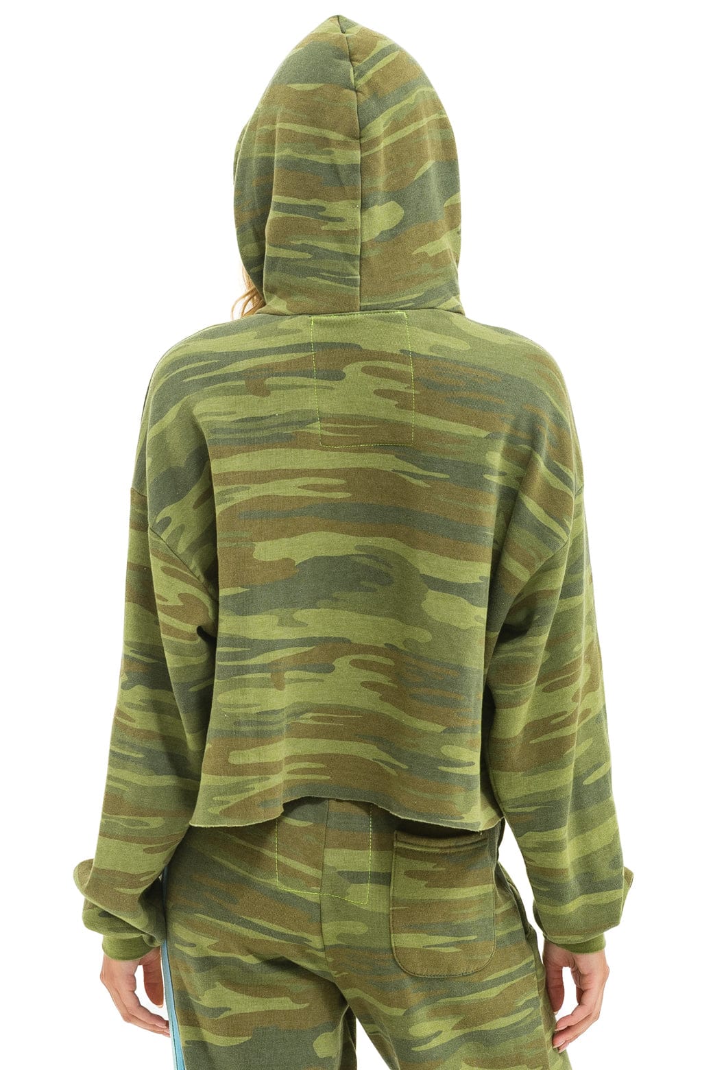 5 Stripe Relaxed Cropped Pullover Hoodie - Camo/Lime/Aqua