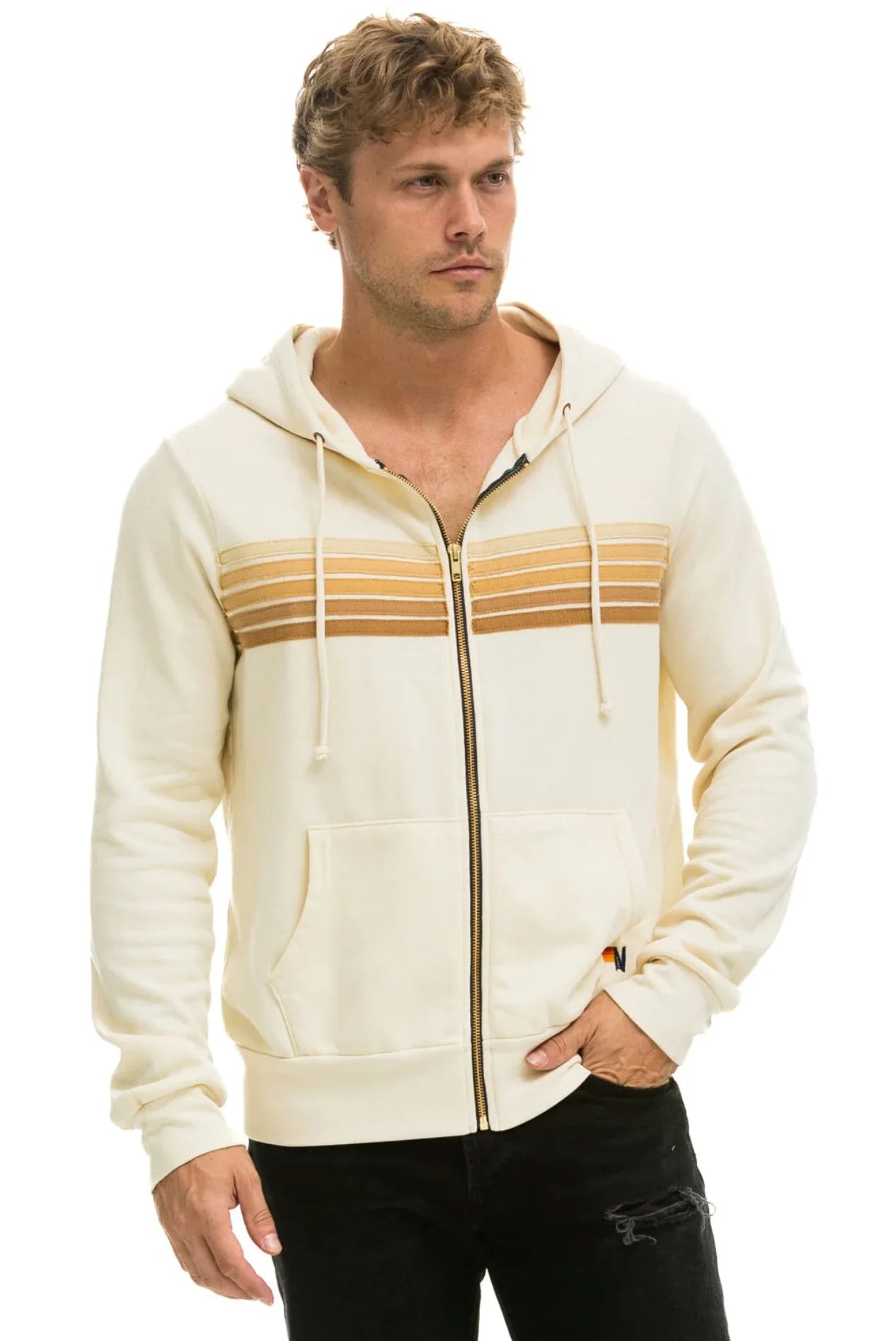 5 Stripe Hoodie Zip Hoodie Vintage White Tan