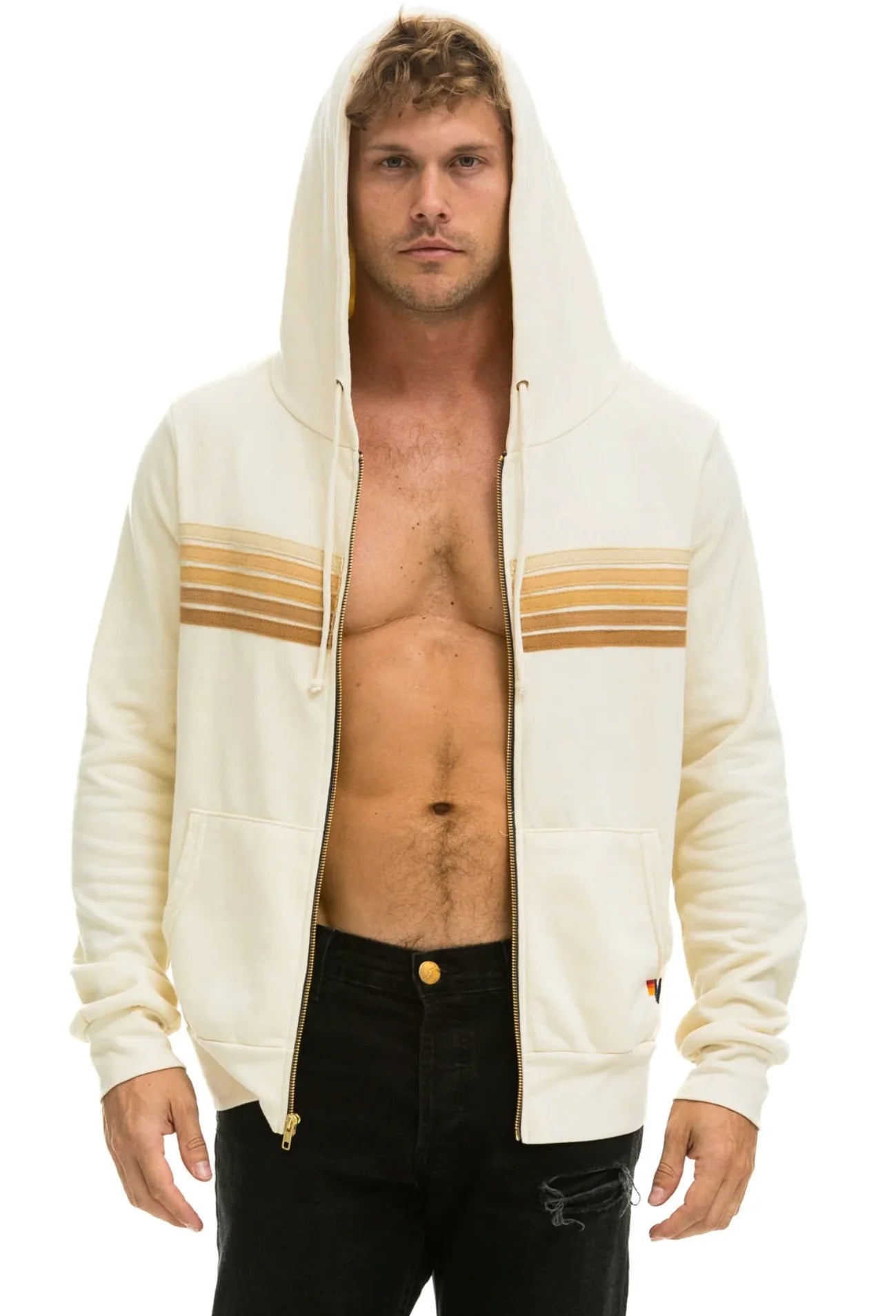 5 Stripe Hoodie Zip Hoodie Vintage White Tan