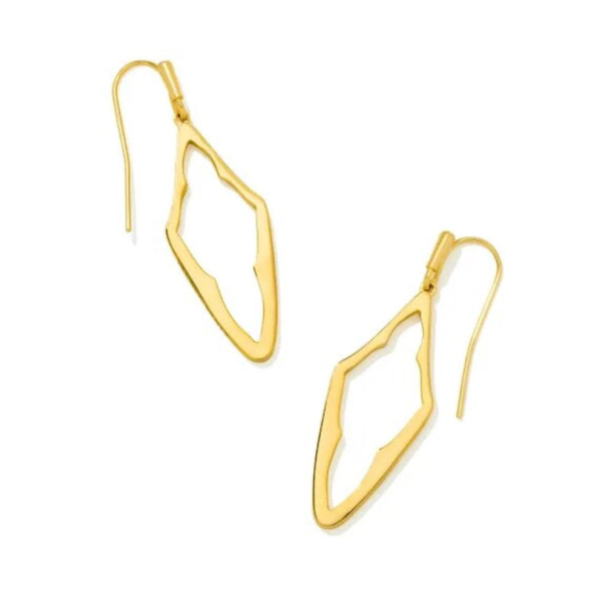 Gold geometric earrings on a white background