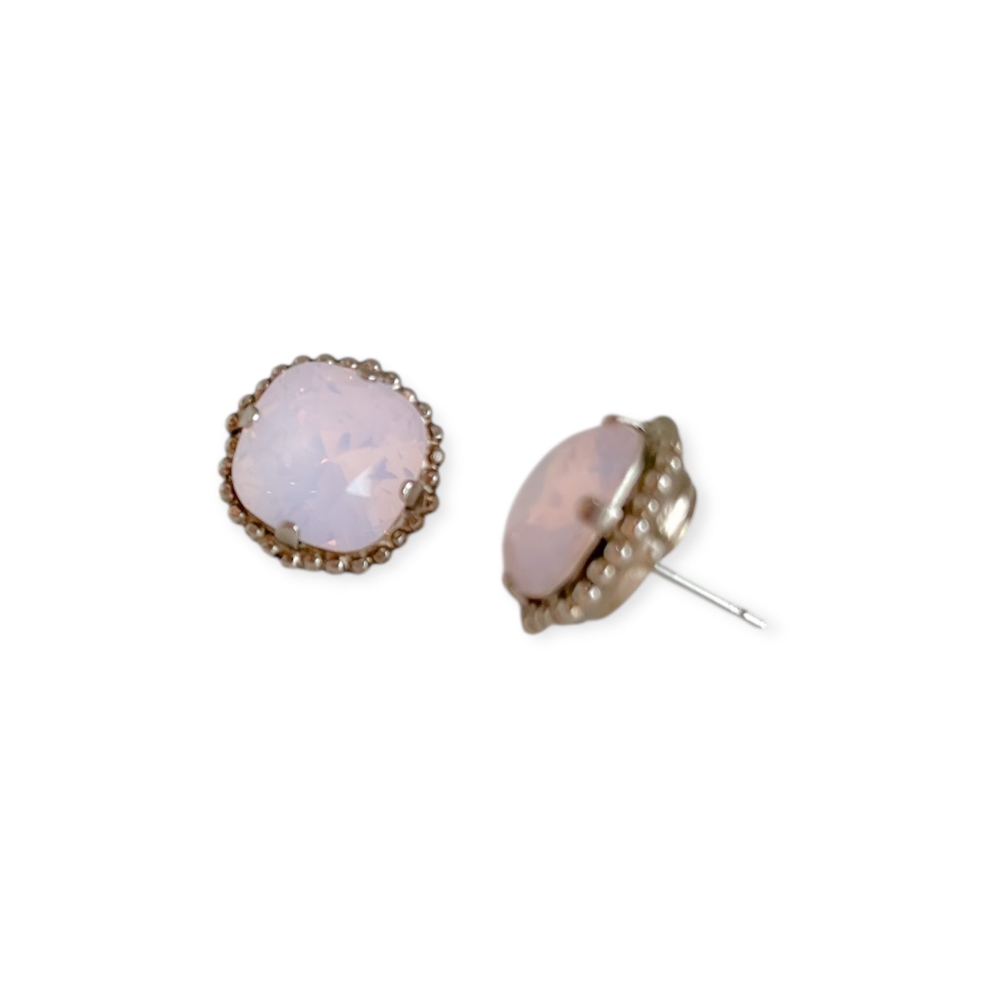 Antique Silver Cushion-Cut Solitaire Stud Earrings Rose Water