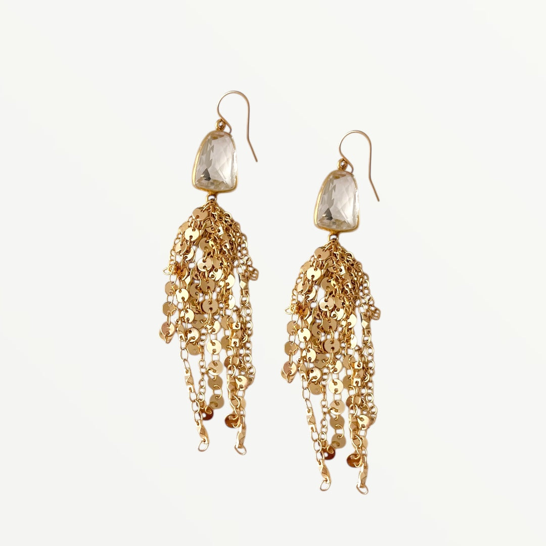 Gold chain earrings with clear stone pendants on a white background