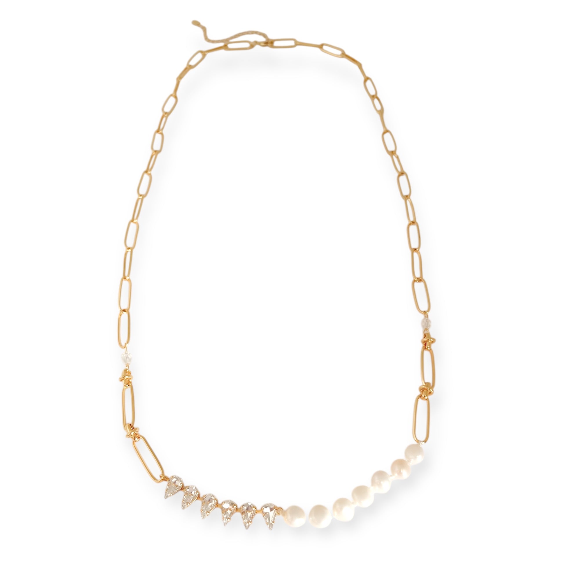 Bright Gold Link Chain Long Necklace Modern Pearl & Crystals