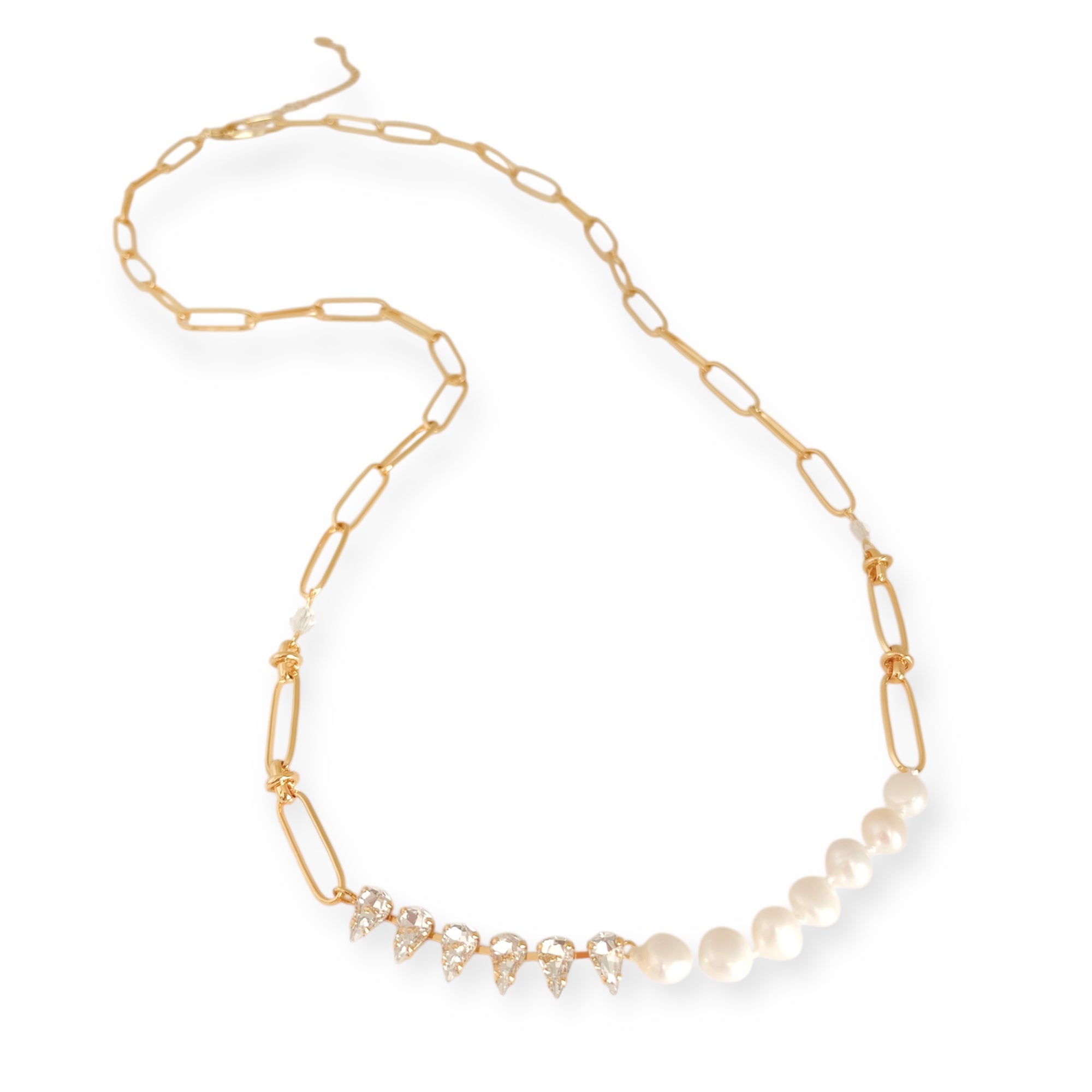 Bright Gold Link Chain Long Necklace Modern Pearl &; Crystals