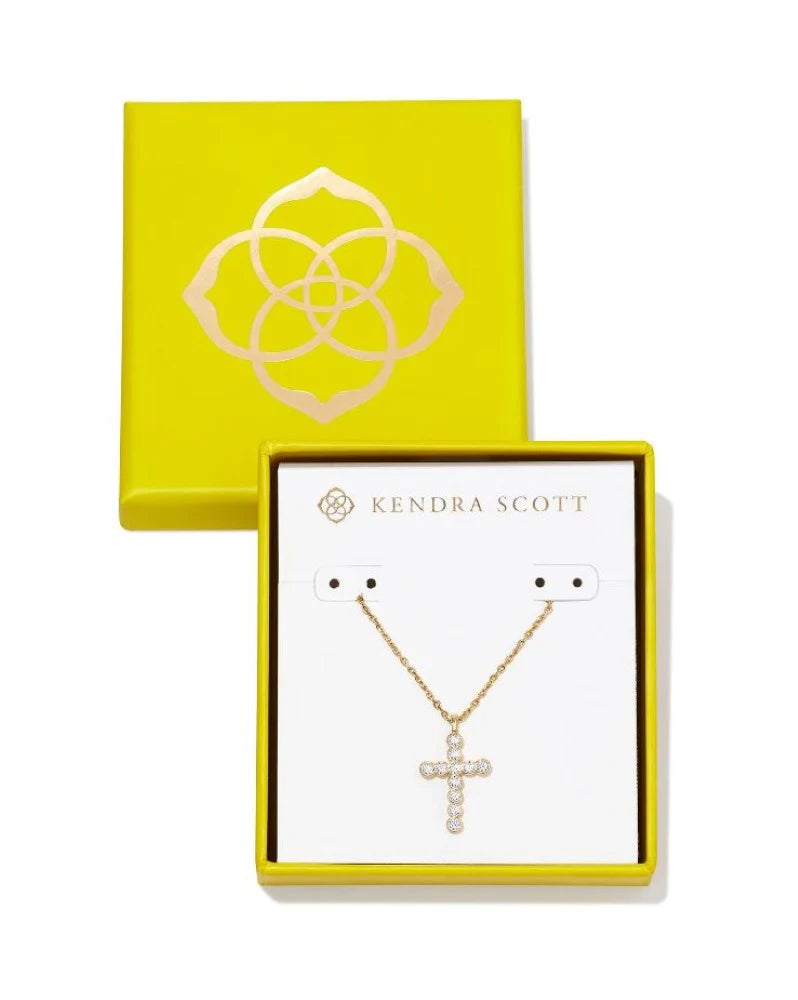 Cross Gold Pendant Necklace in White Crystal Boxed
