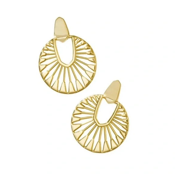 Gold hoop earrings with intricate designs on a white background