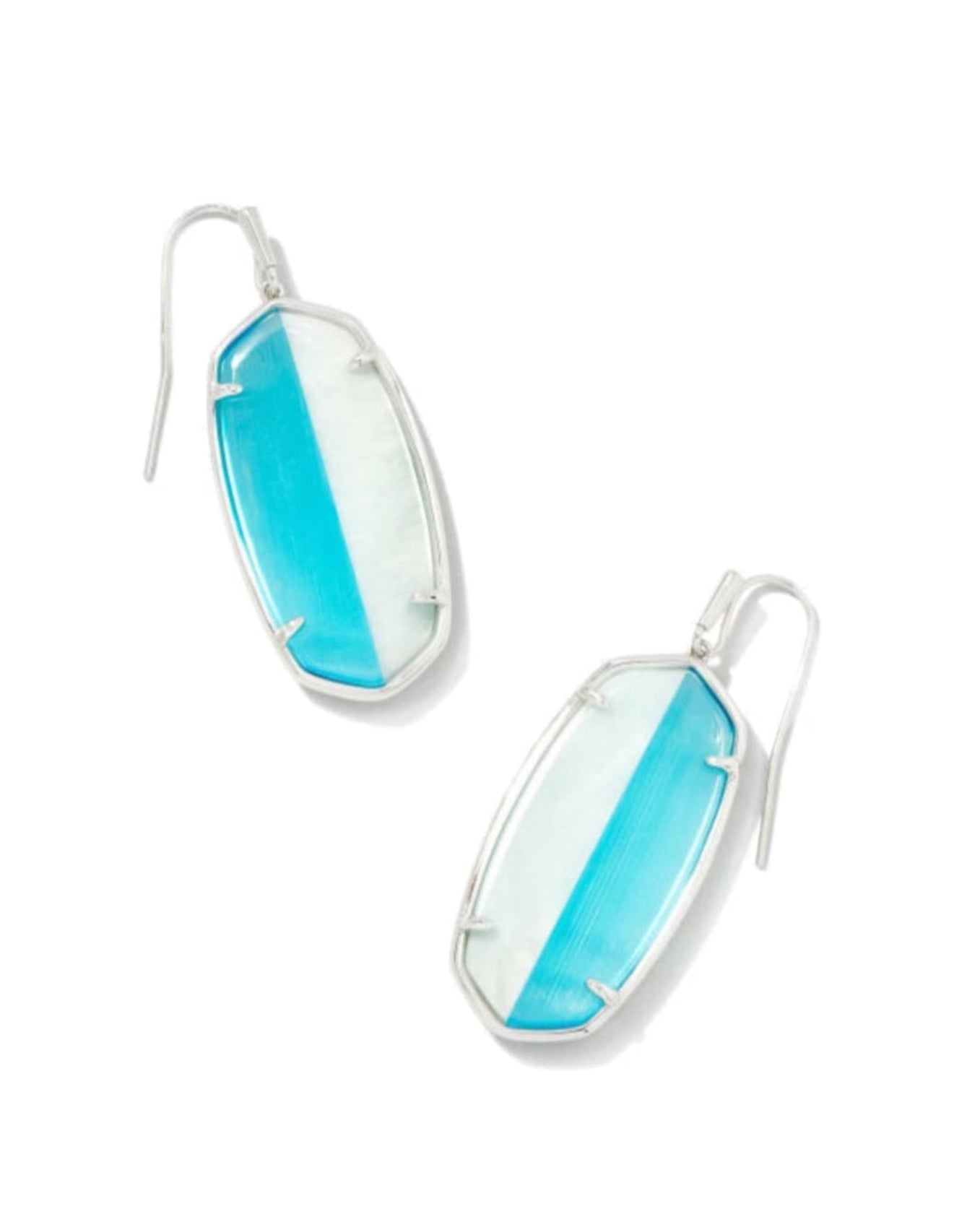 Pair of earrings with blue and silver design on a white background