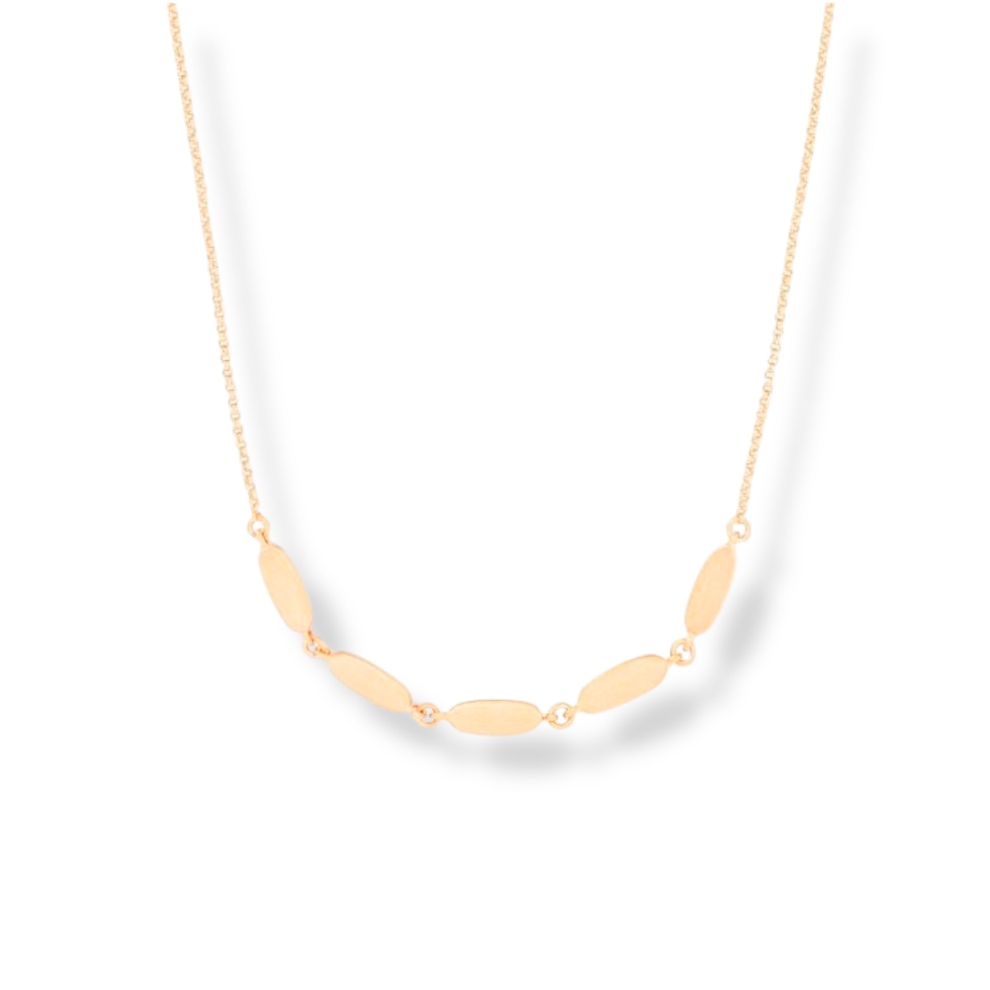 Gold necklace with oval-shaped links on a white background