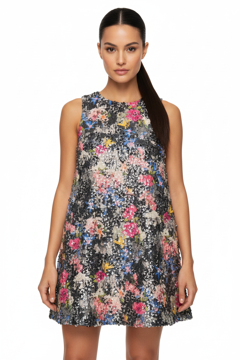 Woman wearing a floral dress on a white background
