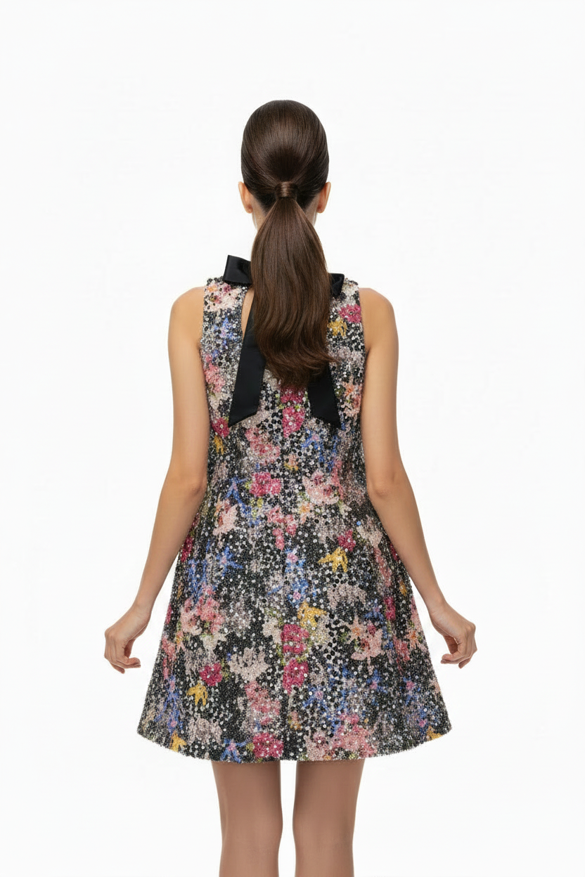 Woman wearing a floral dress with a black bow on a white background