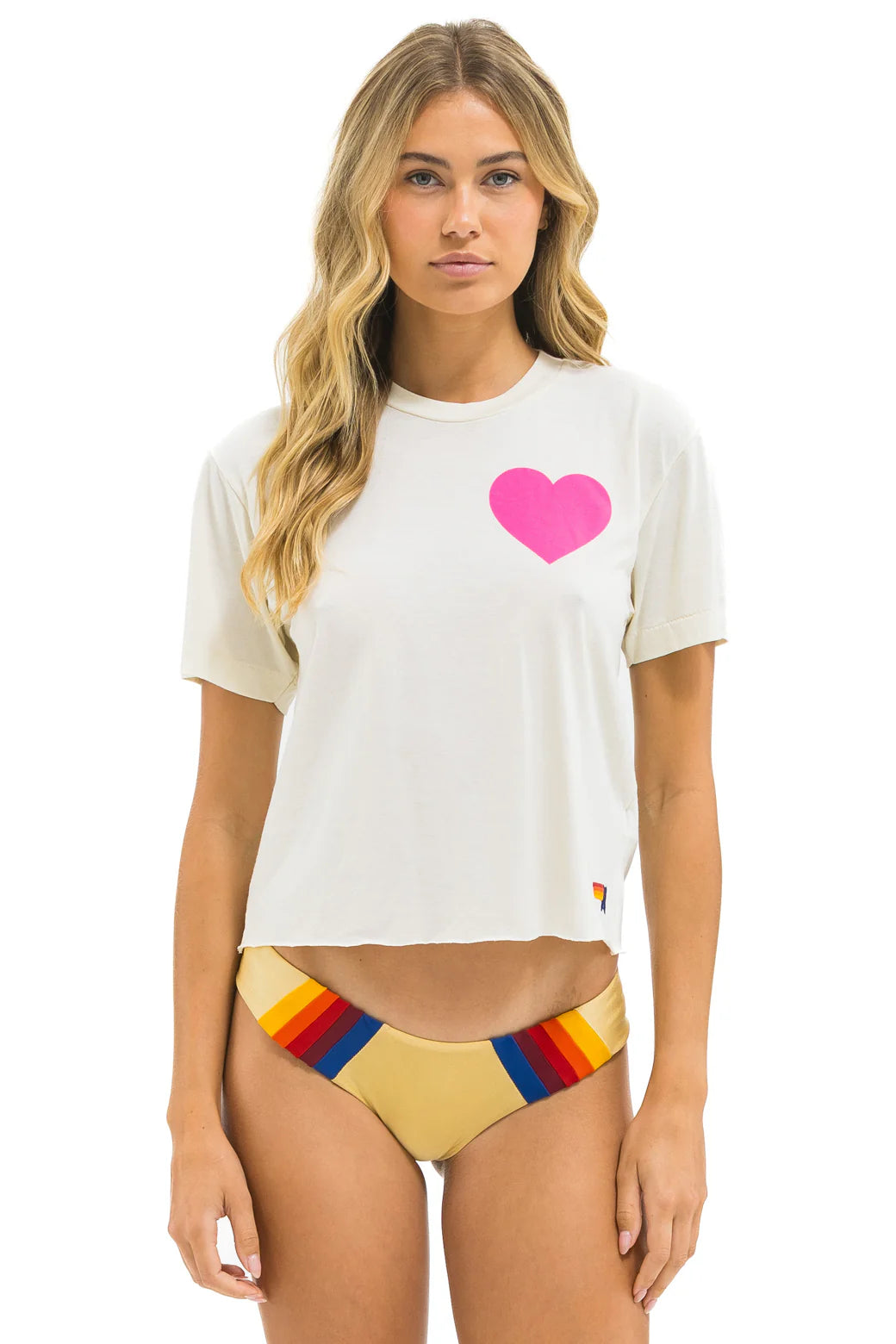 Heart Print  Boyfriend Tee - Vintage White Neon Pink