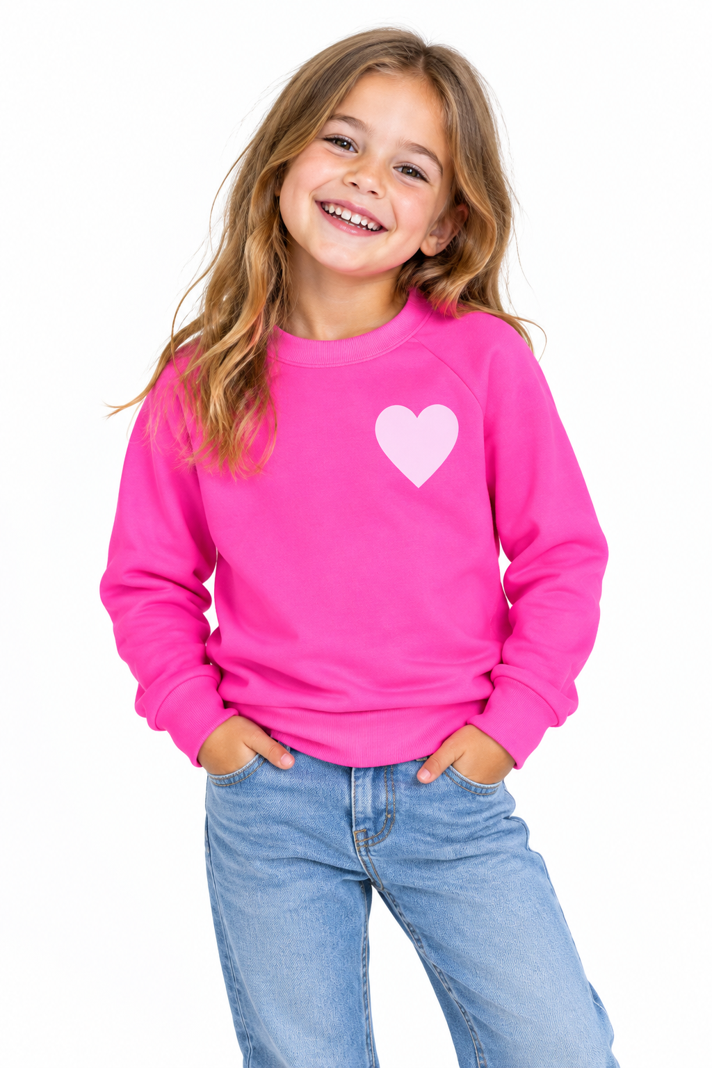 Heart Print Kids Crew Sweatshirt Neon Pink- White