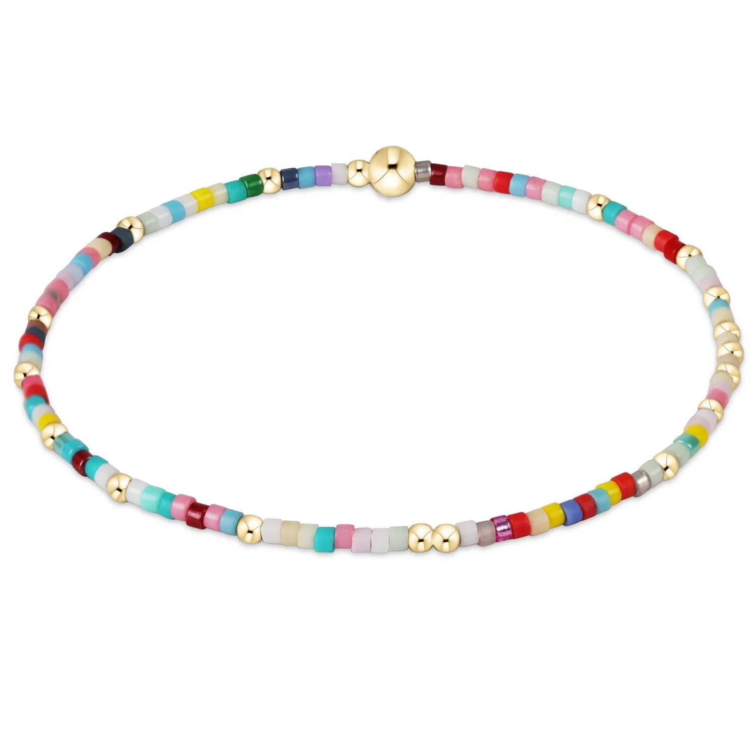 Multicolored beaded bracelet with gold accents on a white background