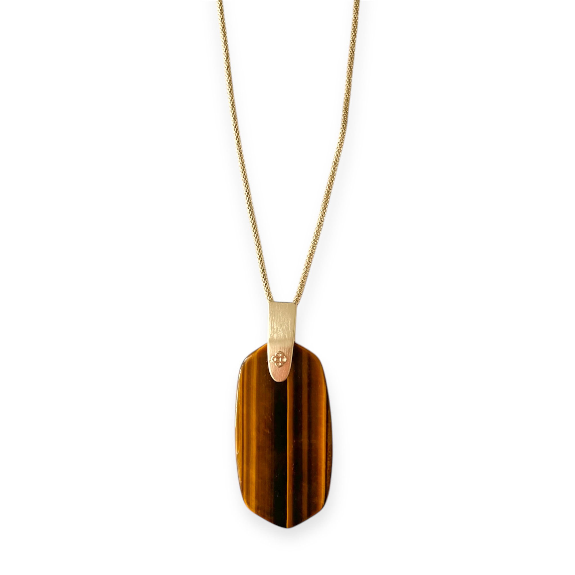 Inez Long Gold Pendant Necklace in Tigers Eye