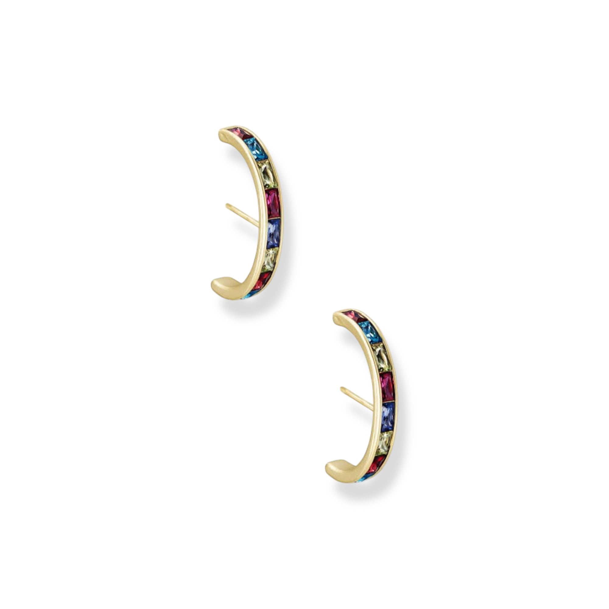 Gold hoop earrings with colorful gemstones on a white background