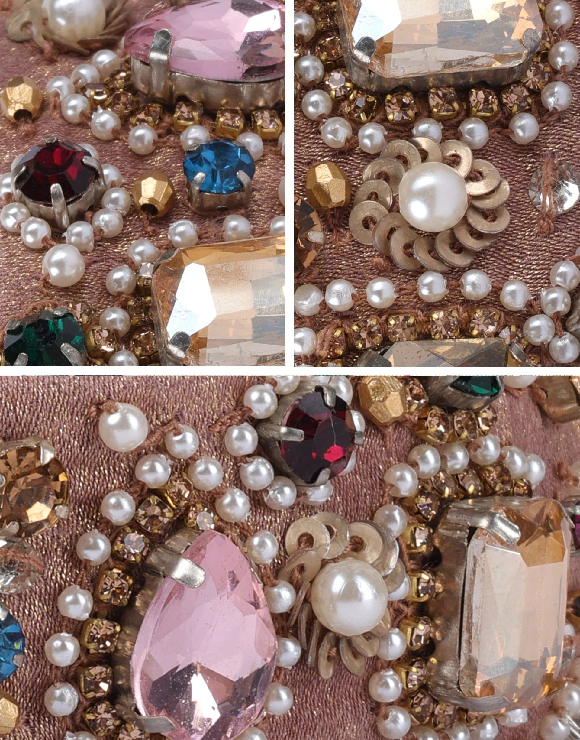 Close-up of a decorative fabric with pearls, crystals, and sequins on a pink background.