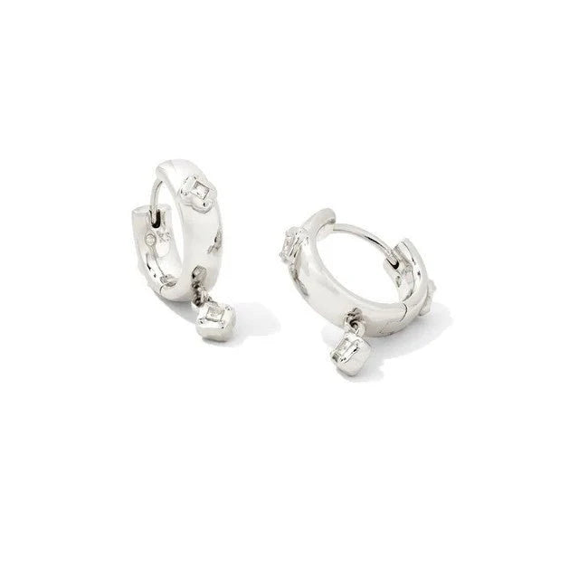 Joelle Silver Huggie Earrings in White Crystal
