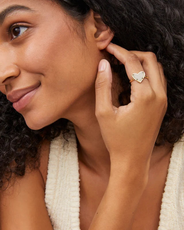 Ari Heart Gold Band Ring Ivory Iridescent Drusy
