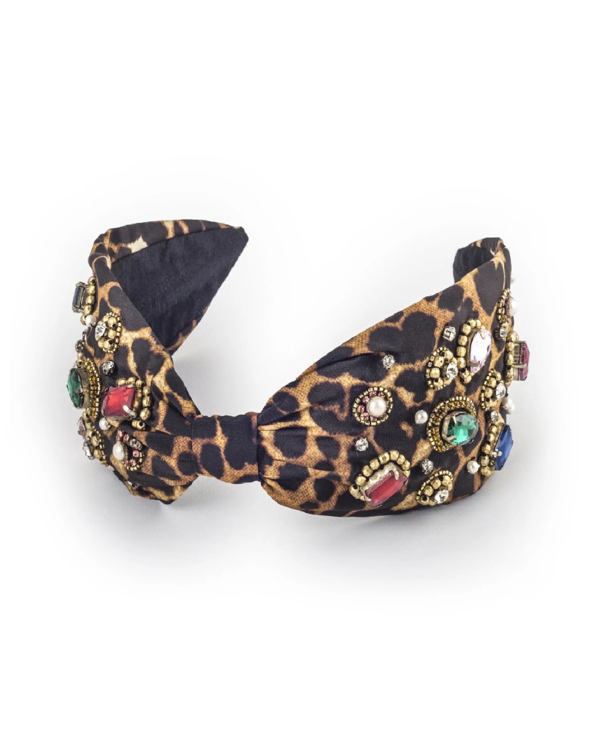 Leopard print headband with decorative jewels on a white background