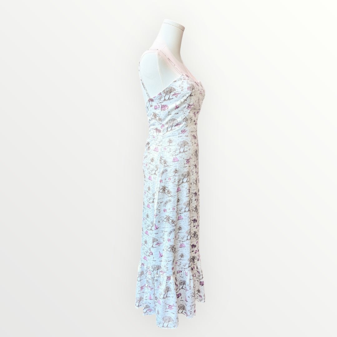 Floral one-shoulder dress on a mannequin against a white background