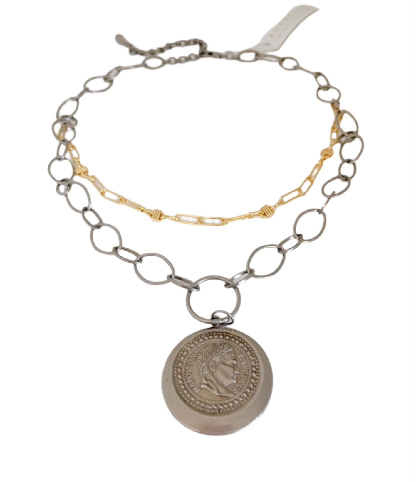 Mix Metal Bold Links Chain Medallion Necklace