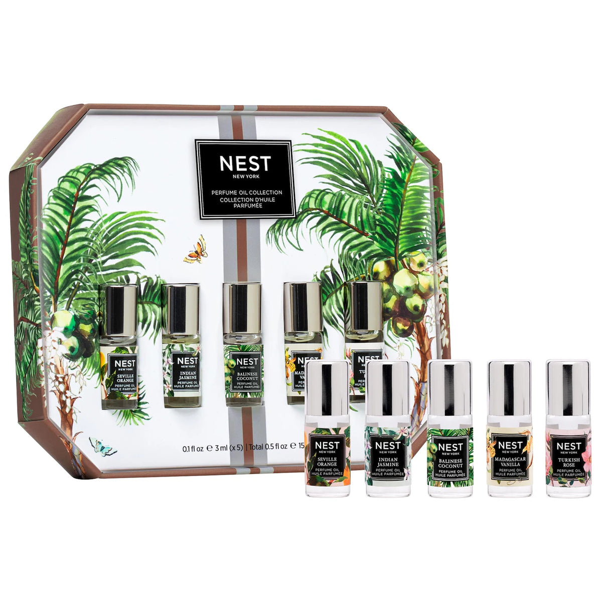 NEST perfume oil collection with palm leaf design on a white background