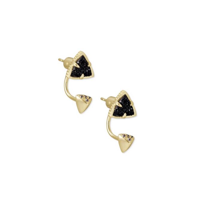 Perry Gold Tone Ear Jacket Earrings in Black Drusy & White Crystal