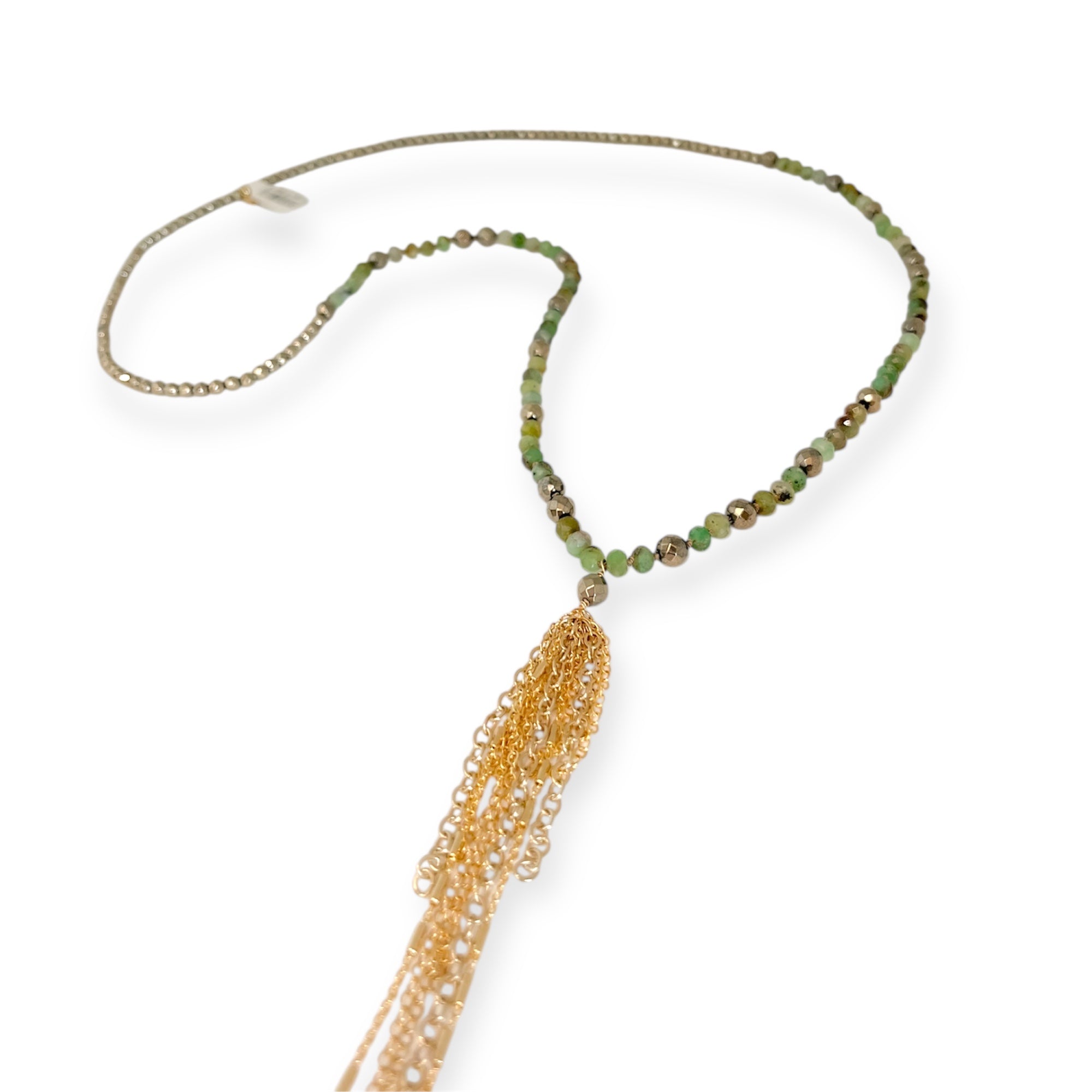Meeko Chrysocolla & Hematite Beaded Necklace with Gold Tassel
