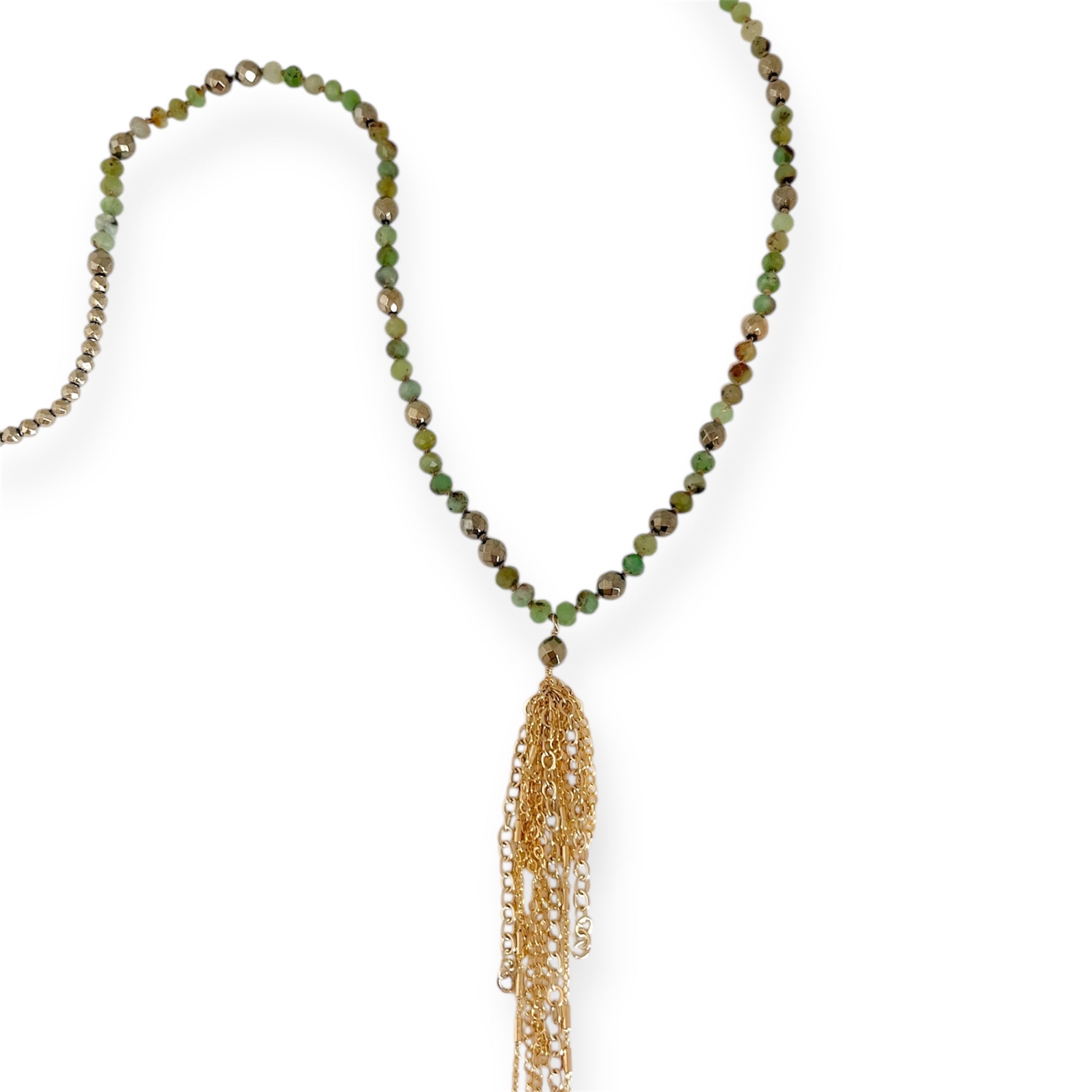 Meeko Chrysocolla & Hematite Beaded Necklace with Gold Tassel