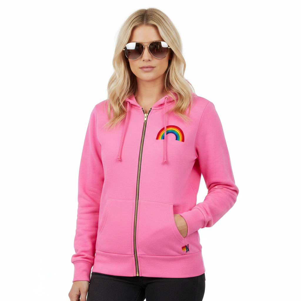Rainbow Embroidery Zip Hoodie Pink - Bella's House Tulsa