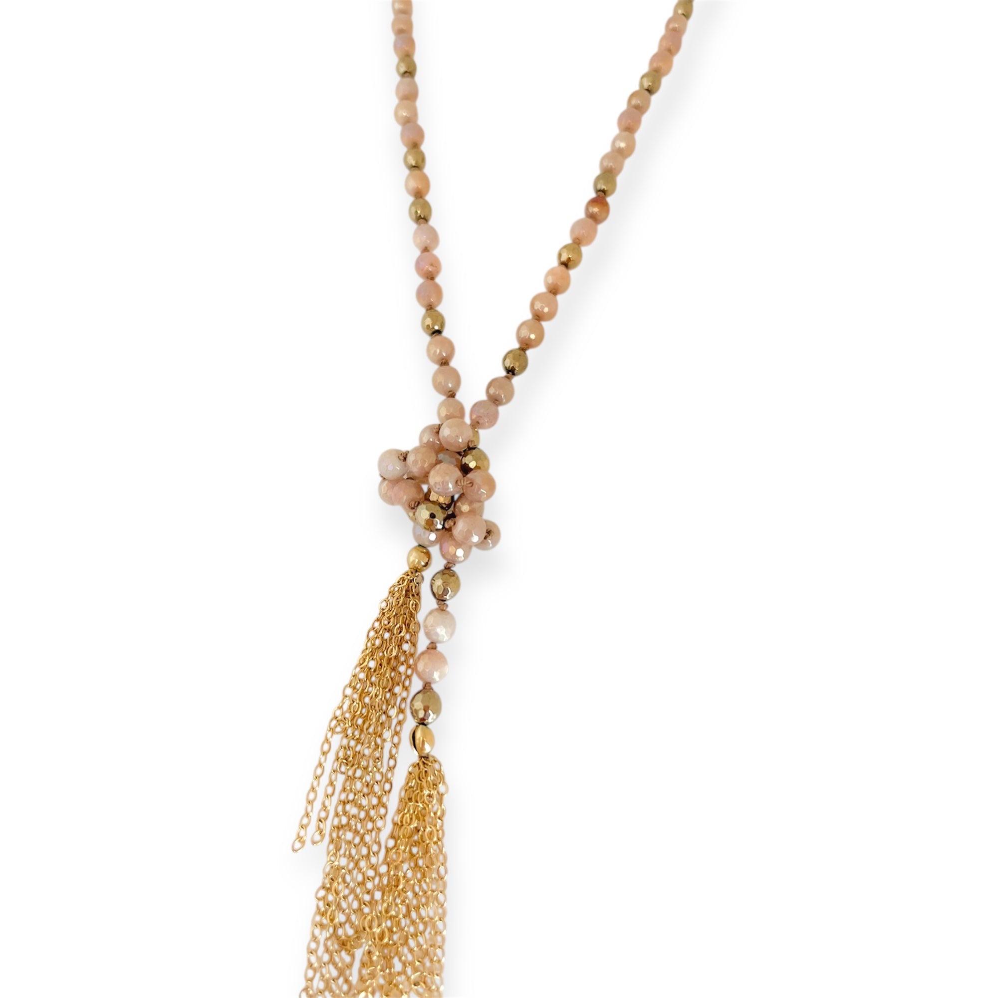 Rose Gold Agate Knotted Beaded Tassel Necklace