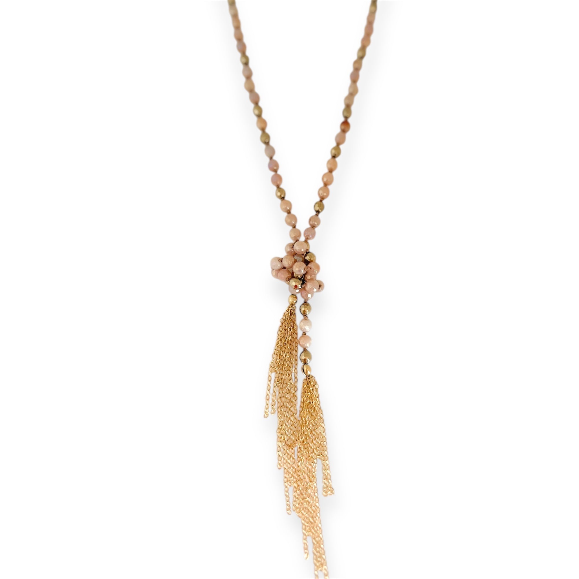 Rose Gold Agate Knotted Beaded Tassel Necklace