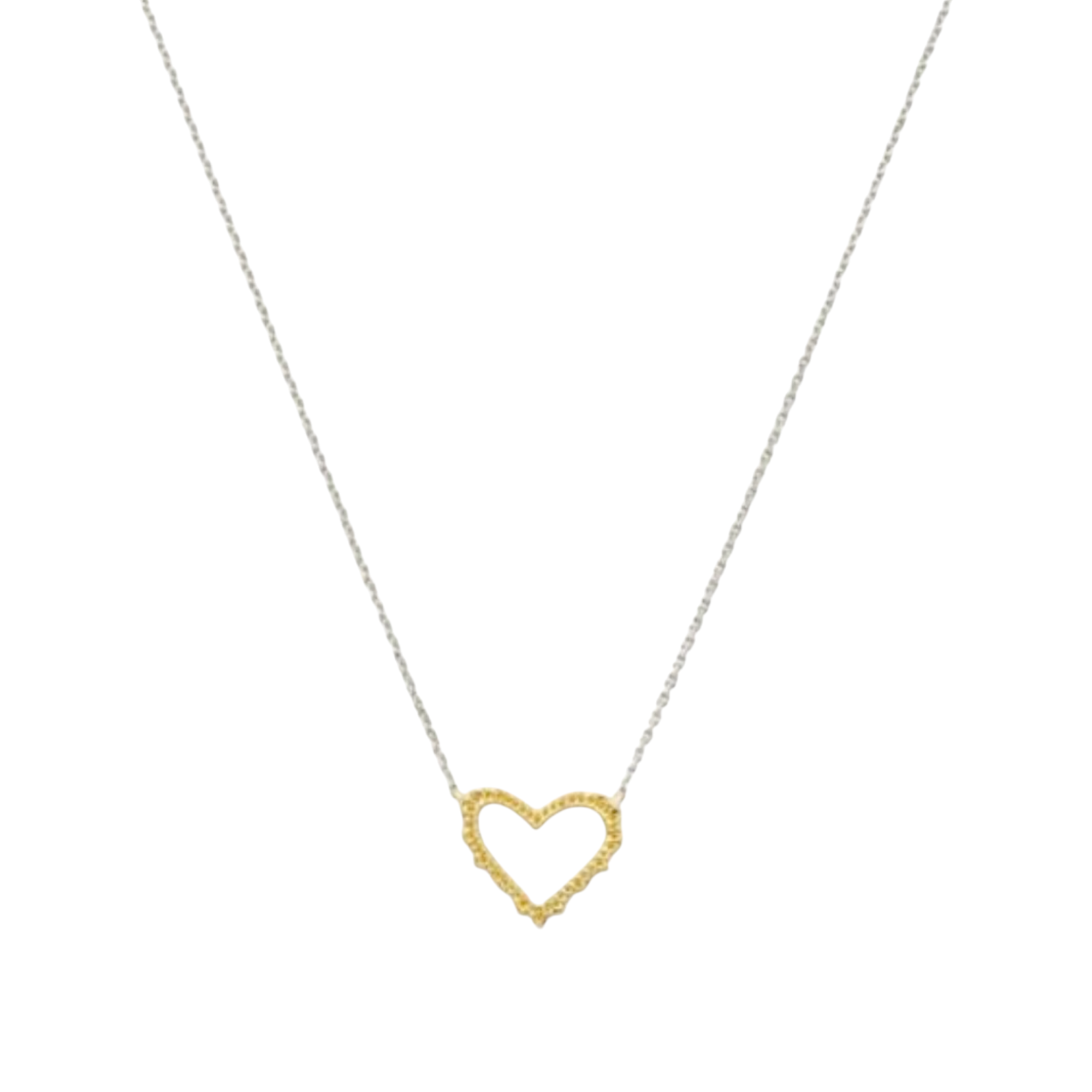 Gold heart-shaped pendant on a white chain against a white background