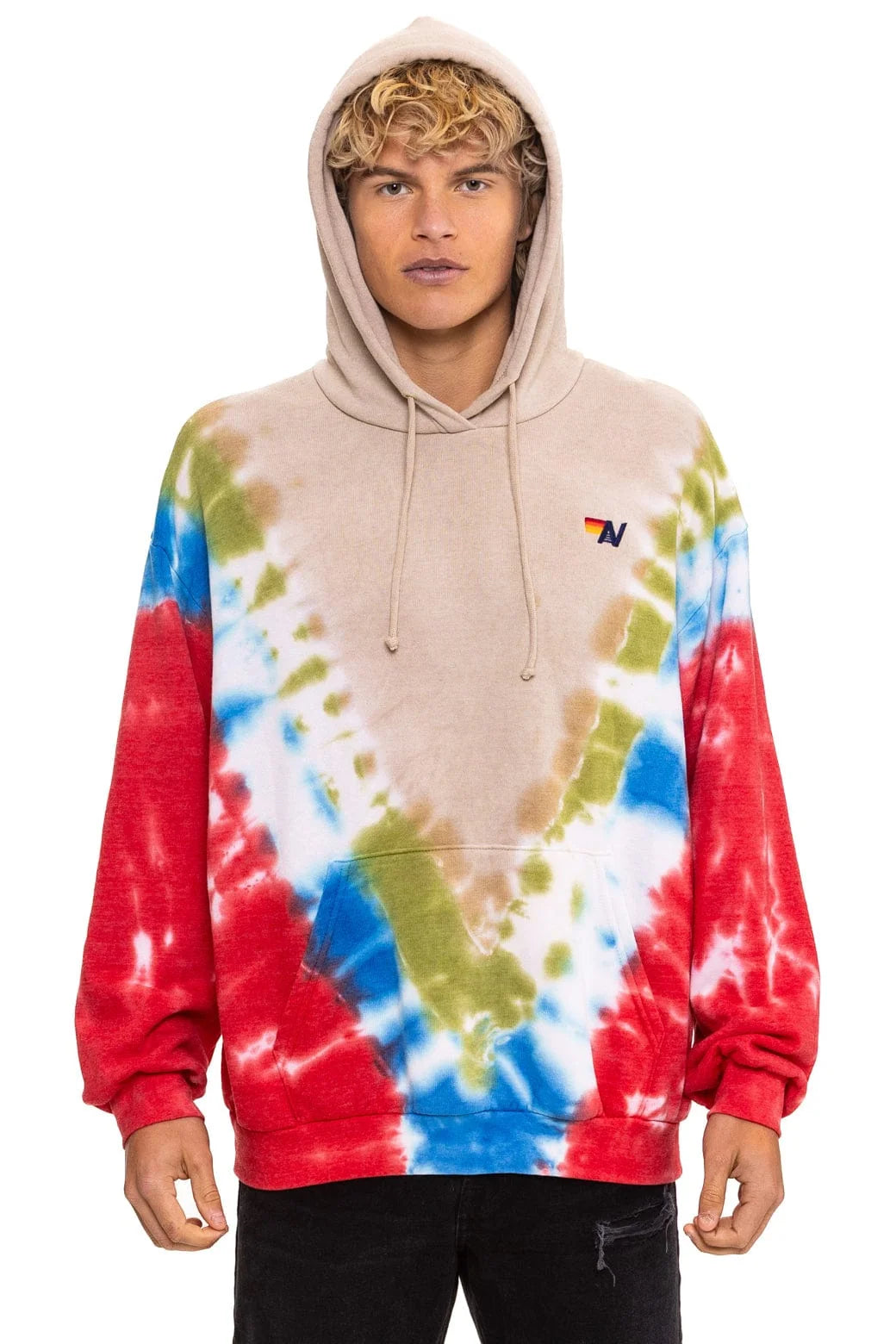 Hand Dyed Pullover Hoodie Tie Dye Sand & Blue Red