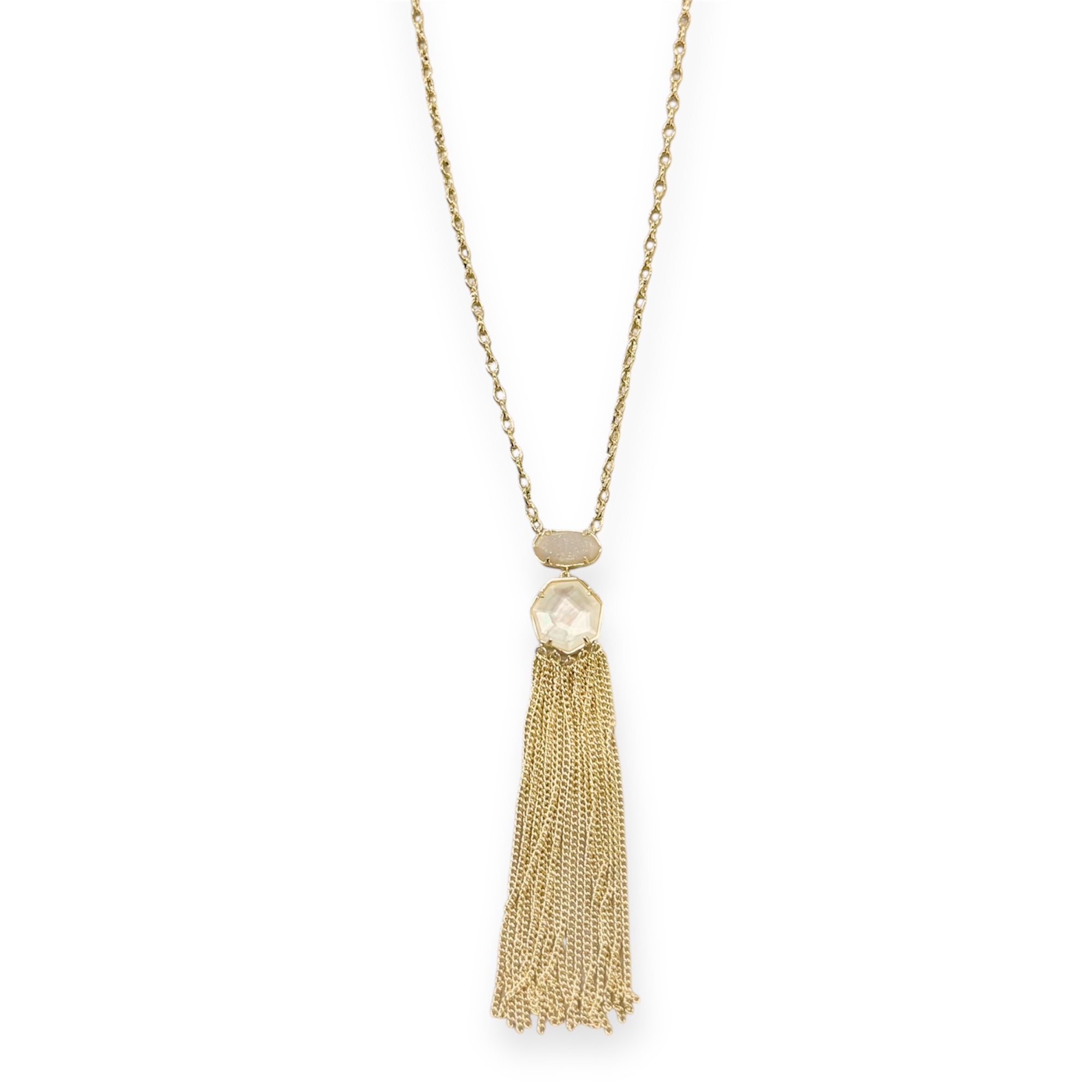 Tae Gold Long Pendant Necklace Ivory Mother of Pearl & Iridescent Drusy