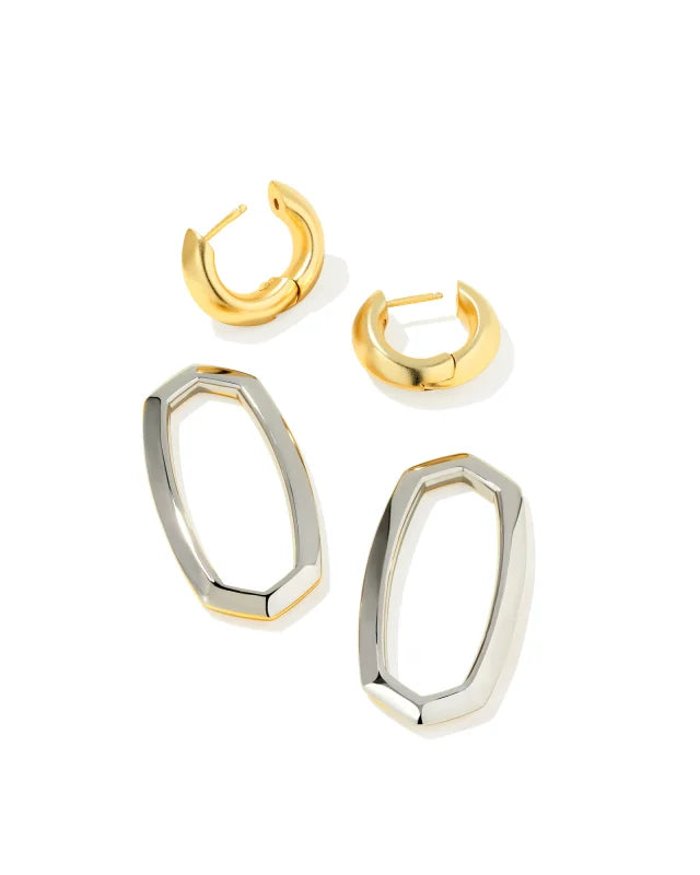 Set of gold and silver hoop earrings on a white background