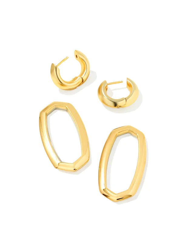 Set of gold hoop and open-circle earrings on a white background