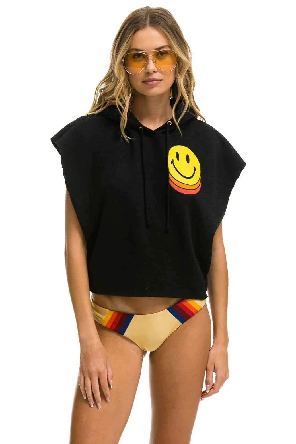 Smiley Sunset Sleeveless Relaxed Cropped Hoodie- Black